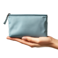Close-Up of a Hand Holding a Small Light Blue Zipper Pouch Against a Transparent Background png
