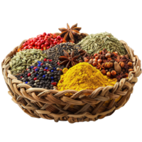 Traditional Woven Basket with Vibrant Collection of Culinary Spices and Aromatic Seeds on Transparent Background png