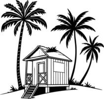 Beach Hut and Palm Trees on a Tropical Island vector