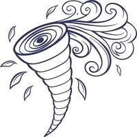 Line art drawing of a tornado with swirling wind and leaves vector