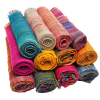 Stacked Arrangement of Multicolored Traditional Woven Textile Rolls with Natural Fibers and Decorative Patterns on Transparent Background png