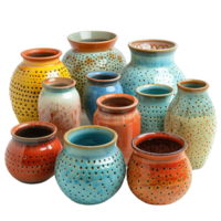 Handcrafted Colorful Ceramic Vases and Pots with Decorative Hole Patterns Isolated on Transparent Background png