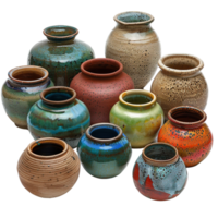 Rustic Collection of Handmade Ceramic Pots and Vases with Natural Earthy Colors and Textured Surfaces Isolated on Transparent Background png