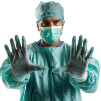 Male Surgeon in Surgical Mask, Gown, and Sterile Gloves Gesturing Hands Forward in Protective Pose Isolated on Transparent Background png