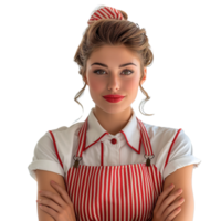 Portrait of a Beautiful Retro Waitress in Classic Red and White Diner Uniform with Confident Pose on Transparent Background png