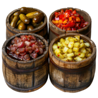 Rustic Wooden Barrels Filled with Assorted Pickled Vegetables Isolated on Transparent Background png