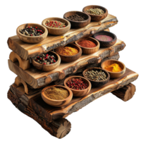 Multi-Tier Rustic Wooden Spice Rack Displaying an Assortment of Colorful Ground and Whole Spices on Transparent Background png