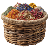 Traditional Wicker Market Basket Overflowing with Colorful Exotic Spices and Herbs on Transparent Background png