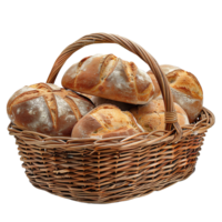 Collection of Fresh Artisan Breads Arranged in a Natural Wicker Basket Isolated on Transparent Background png
