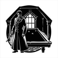 Snooker table with player cues and balls vector
