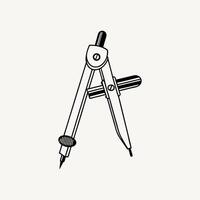 This black illustration shows a small, isolated sketch of a compass, a drafting tool with a circle design vector