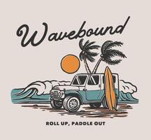 A retro-style illustration of a jeep parked at a tropical beach with a surfboard and palm trees, capturing the spirit of a summer surf trip and road freedom. vector