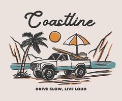 A pickup truck parked by a beach coastline with a surfboard, umbrella, and palm trees, rendered in a vintage summer color palette with retro adventure vibes. vector
