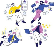 Set of playful digital marketing illustrations featuring roles like analytics manager vector