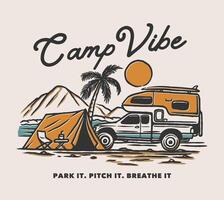 A campervan and camping tent set up under a palm tree by the beach, illustrated in a vintage outdoor scene with surf vibes and mountain backdrop. vector