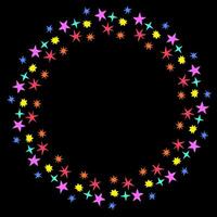 Round frame decorated with abstract pattern of multicolored stars drawn in doodle style vector