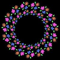 Beautiful round frame of colorful bright flowers on a black background vector
