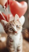 A charming close-up of a curious cat amidst heart balloons evoking warmth and affection. photo