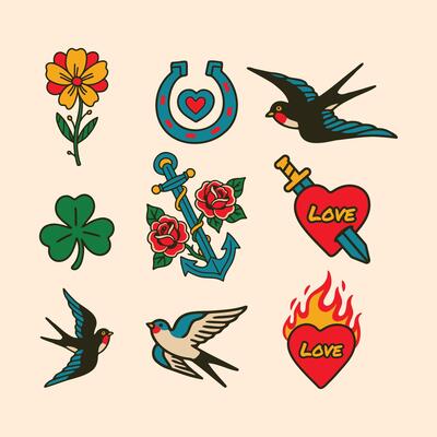 Vintage colorful Old School Traditional classic tattoos Set, sailor Ancor, roses, Flowers, Birds, heart with sword, clover, heart and flames Illustration.