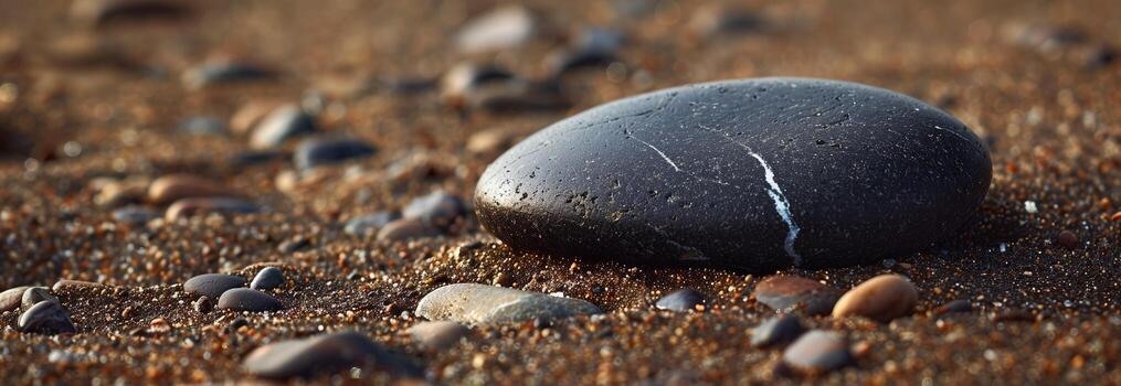 A black stone laying on the ground in a sandy field photo