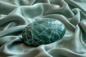 A green marble sitting on a silk cloth photo