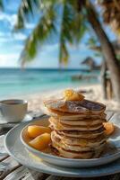 A stack of pancakes on a plate with a cup of coffee photo