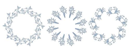 Decorative marine patterns featuring fish, sea creatures, and crustaceans in blue tones vector