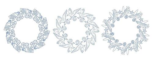 Decorative wreath designs featuring floral elements and various motifs on a white background vector