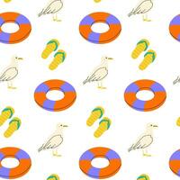 Pattern featuring swim rings, flip flops, and seagulls on a bright background vector