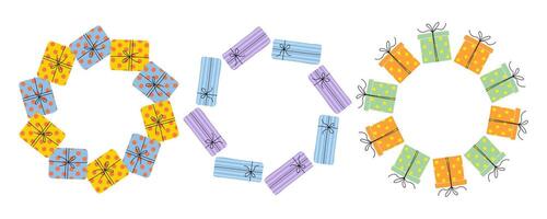Colorful gift boxes arranged in circular patterns for festive celebrations and events vector