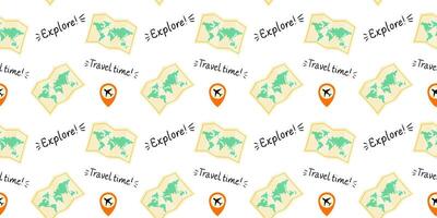 Maps and travel symbols create a vibrant pattern celebrating exploration and adventure vector