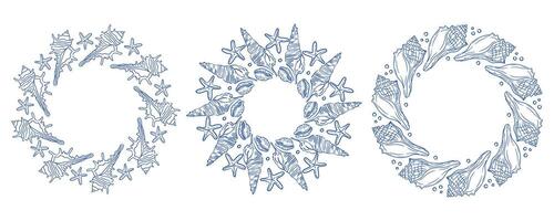 Decorative marine-themed circular patterns featuring shells and starfish in blue outlines vector
