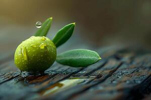 A green olive with water droplets on it photo