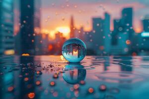 A water drop on a table with a city in the background photo