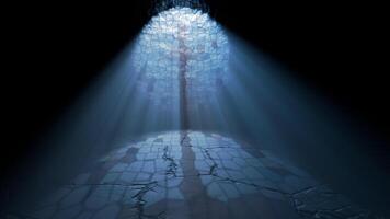Beam of sacred spiritual light passing through a rose window of a night church video