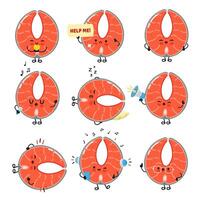 Playful cartoon Salmon slices showcase different expressions and engage in various activities. vector