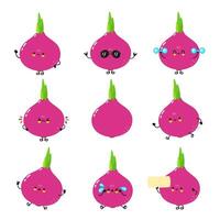 A collection of charming cartoon Red Onions displaying a variety of emotions and feelings in a playful style. vector