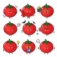 A series of adorable cartoon Tomatoes displaying various emotions, perfect for fun concepts and designs. vector