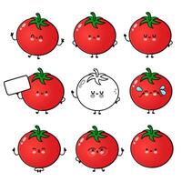Nine adorable and cheerful cartoon Tomatoes with a variety of playful expressions, each unique and fun. vector
