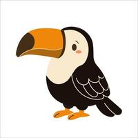 Flat style illustration of a cute toucan with a large colorful beak, perfect for childrens books, jungle-themed projects, and playful tropical designs. vector