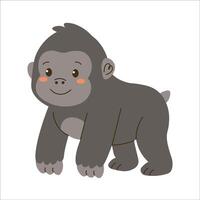 Flat style illustration of a cute cartoon gorilla standing on all fours, ideal for childrens books, jungle-themed projects, and animal-related designs vector