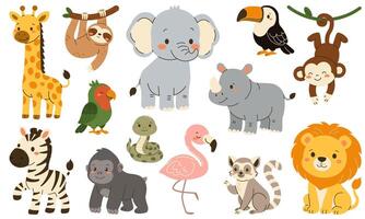 illustration of cute jungle animals including zebra, lion, elephant, giraffe, monkey, flamingo, rhinoceros, parrot, lemur, gorilla, sloth, toucan, and snake vector