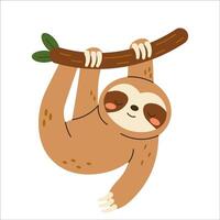 Flat style illustration of a cute sloth hanging from a tree branch, ideal for childrens books, educational materials, and jungle-themed design projects. vector