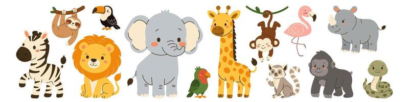 Flat style illustration of cute jungle animals including zebra, lion, elephant, giraffe, monkey, flamingo, rhinoceros, parrot, lemur, gorilla, sloth, toucan, and snake vector