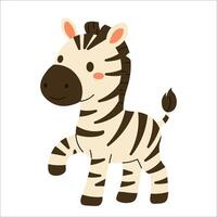 Flat style illustration of a cute cartoon zebra with a happy expression, lifting one hoof, ideal for childrens books, jungle-themed designs, and playful educational projects. vector