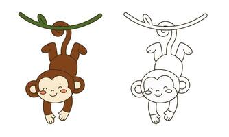Flat style illustration of a cute monkey hanging upside down by its tail on a vine, ideal for coloring pages vector