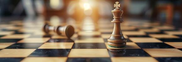Chess pieces on a chess board with a king on top photo