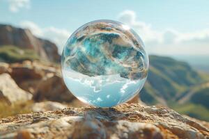 A glass ball sitting on top of a rock photo