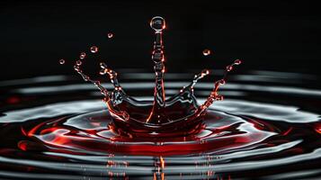 A red liquid drop is falling into a black water surface photo