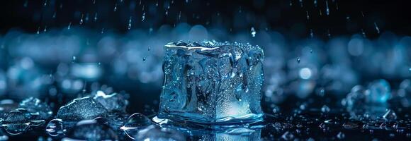 Water drops on a black background with ice cubes photo